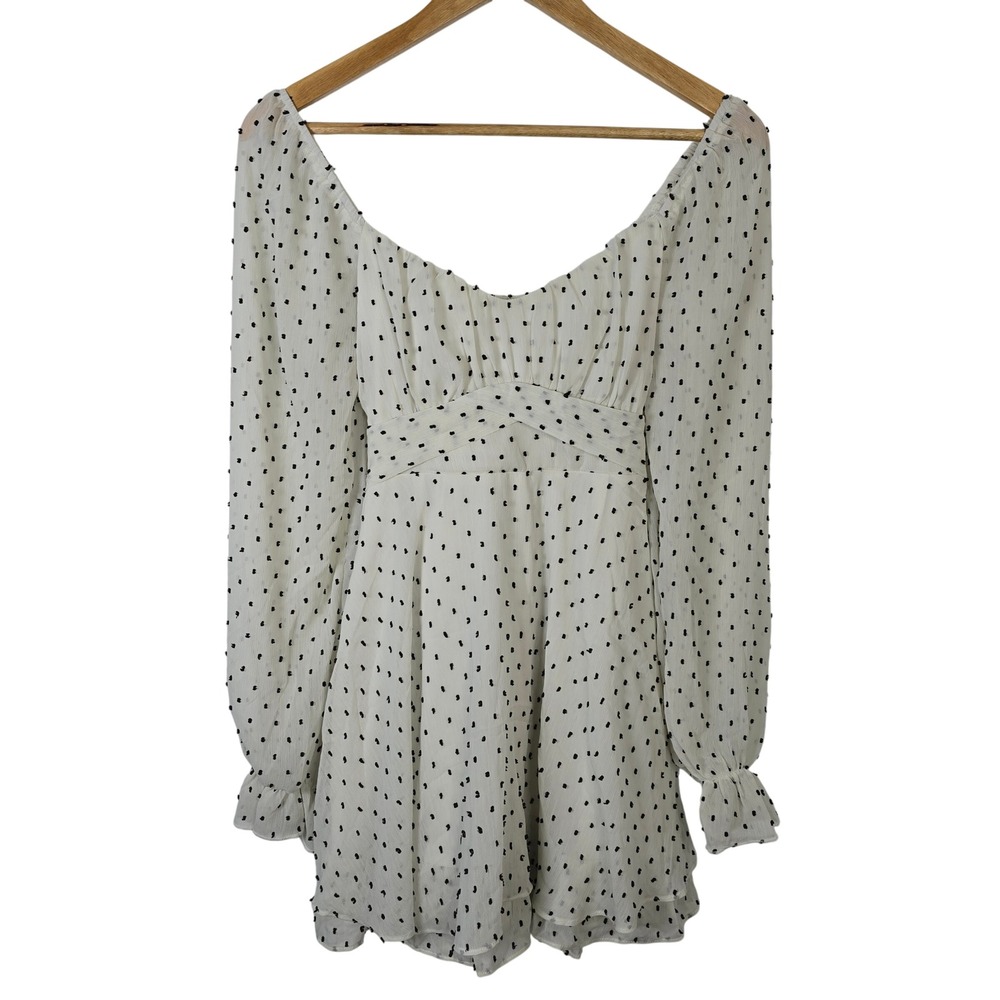 Thirty/Thirty‎ LA Cream Polka Dot Swiss Dot Mini Dress Long Sleeve Tie Back M